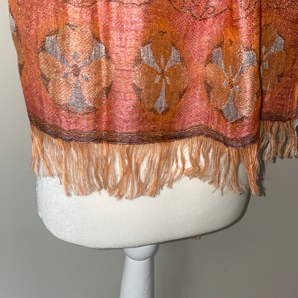 Shingora Boho India Peach Floral Linen/Silk Scarf Shawl Fringed - Picture 5 of 6